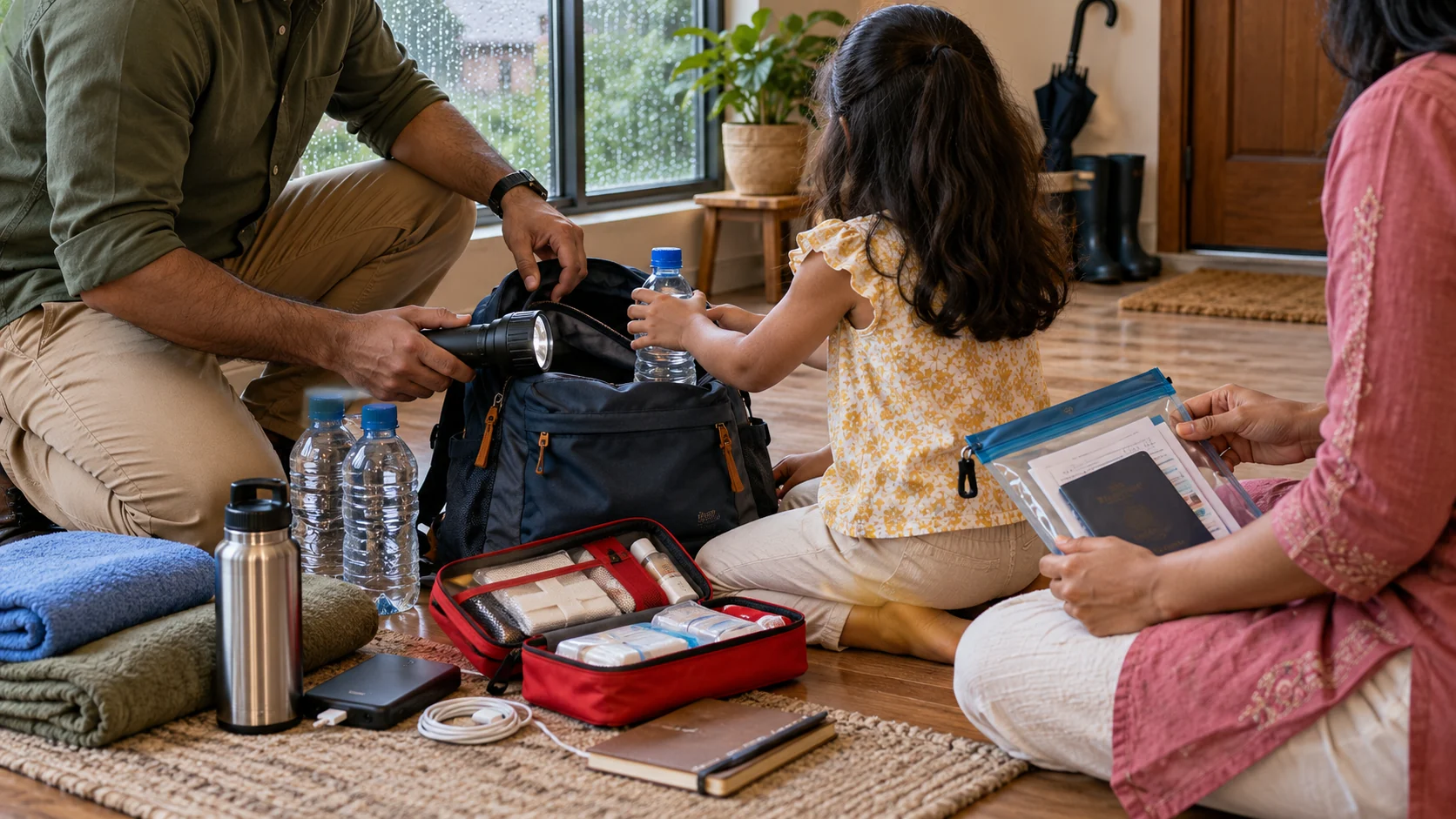 AI-generated editorial illustration of a family preparing an emergency kit at home during rainy weather; not a photograph of a specific flood event.