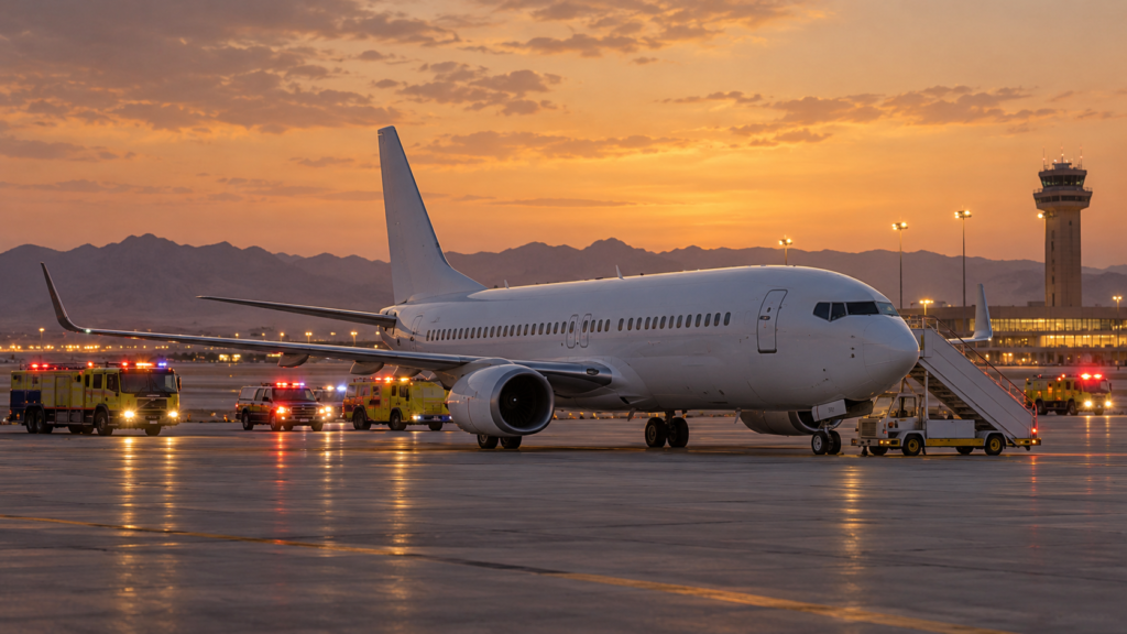 AI-generated editorial illustration of a generic passenger aircraft safely parked at a desert airport; not the FZ1073 aircraft or incident photography