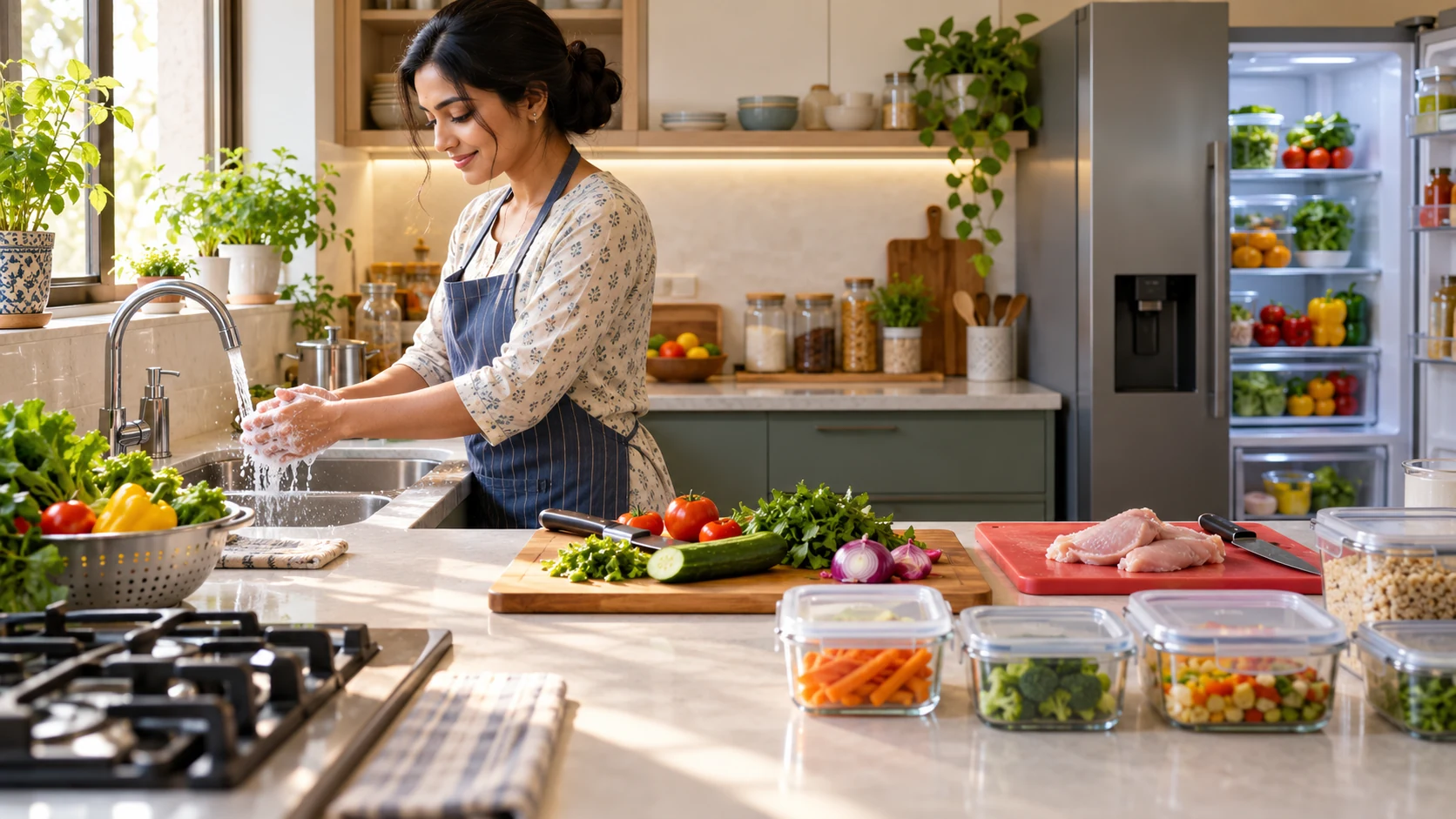 AI-generated editorial illustration showing safe food preparation and handwashing in a home kitchen.