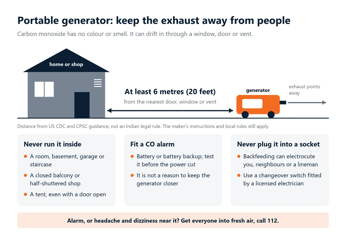 Infographic: a portable generator placed at least 6 metres (20 feet) from the nearest door, window or vent with its exhaust pointing away, per US CDC and CPSC guidance. Never run it indoors, fit a CO alarm, never backfeed a socket, and call 112 if the alarm sounds.