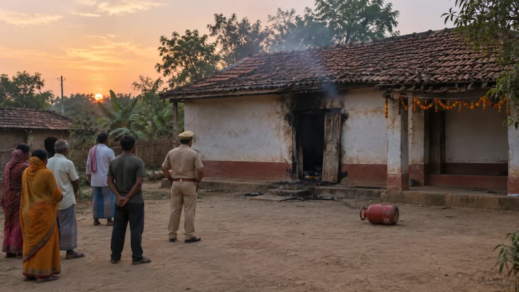 AI-generated editorial illustration of villagers and a police officer standing outside a smoke-stained village house in Jharkhand at dusk after a small cooking-gas cylinder fire, with a scorched wooden door and puja marigolds; not an incident photograph.