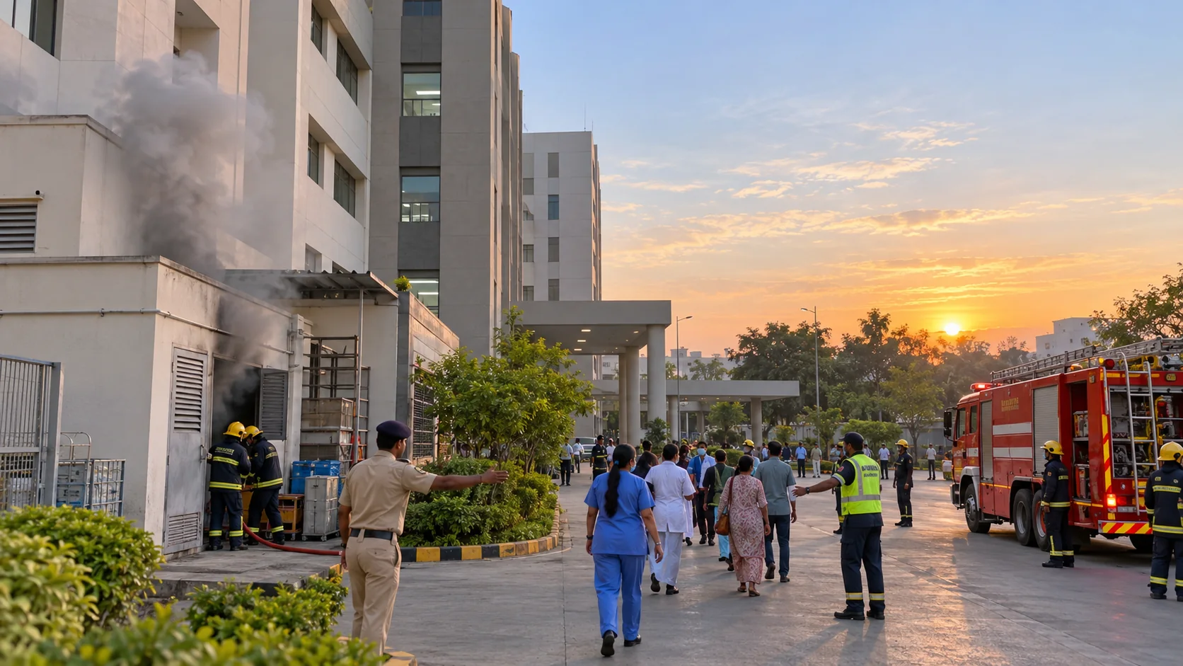 Editorial illustration of a hospital emergency response after a medicine-store fire; not a photograph of the Godhra incident.