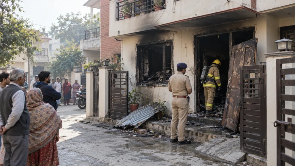AI-generated editorial illustration of a quiet residential lane in an Indian city after a kitchen gas fire, with a scorched kitchen window, a broken door, a police officer and a firefighter outside a two-storey house; not an incident photograph.