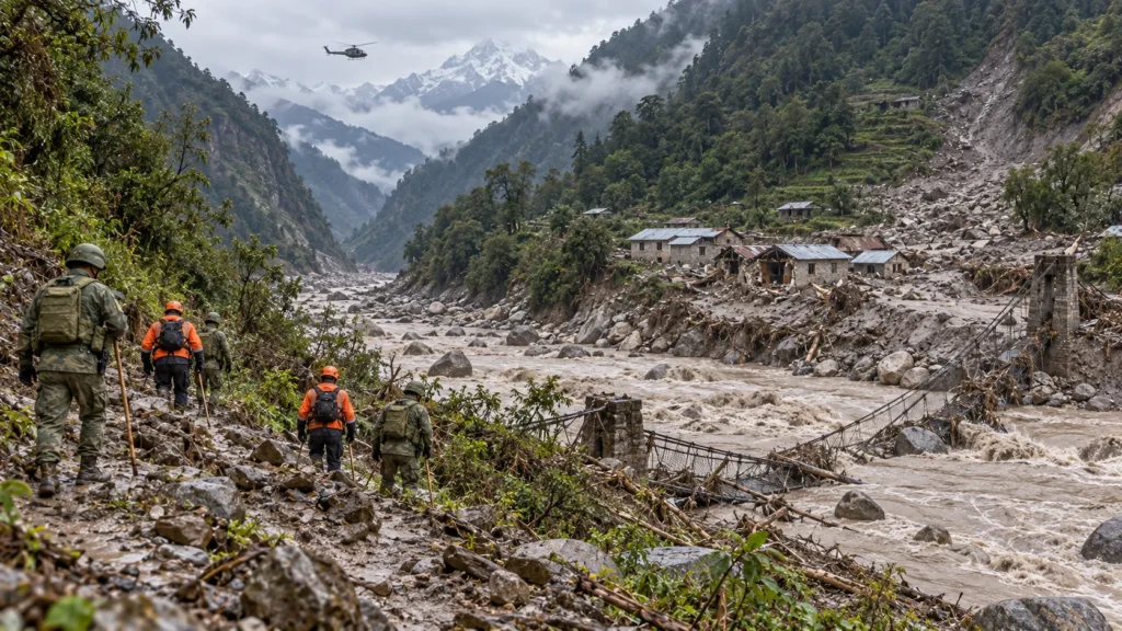 AI-generated editorial illustration of a Himalayan river valley in Nepal after a flash flood, with a broken suspension bridge, mud-covered riverbank houses and rescue workers watching from higher ground; not an incident photograph.
