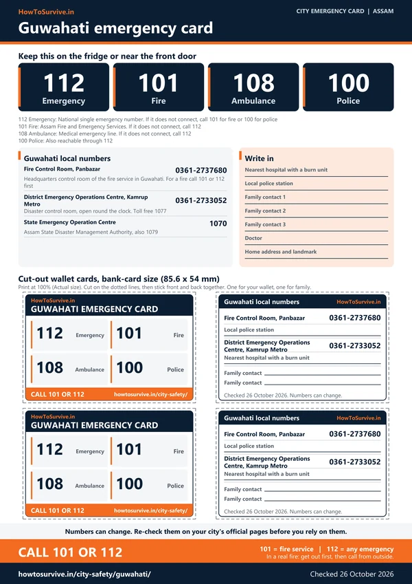 Printable Guwahati emergency card: A4 sheet with national and local emergency numbers and cut-out wallet cards
