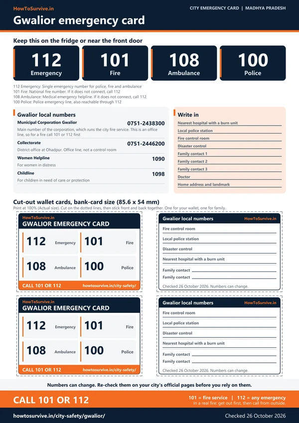 Printable Gwalior emergency card: A4 sheet with national and local emergency numbers and cut-out wallet cards