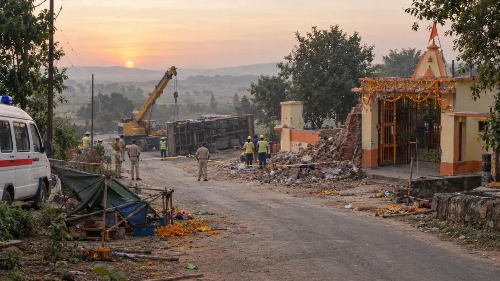 AI-generated editorial illustration of police and rescue workers at a damaged temple gate at the foot of a sloping village road at dawn after a truck crash, with a crane, marigold decorations and a cordon in place; not an incident photograph.