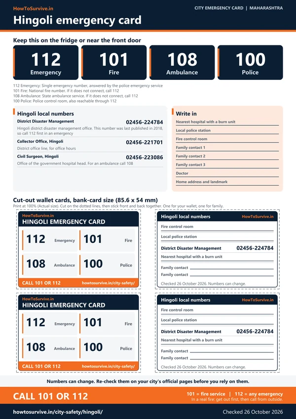 Printable Hingoli emergency card: A4 sheet with national and local emergency numbers and cut-out wallet cards