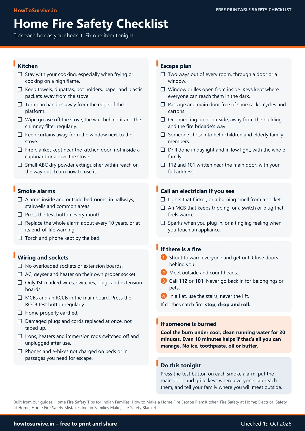 Preview of the home fire safety checklist, an A4 sheet with tick-boxes for the kitchen, smoke alarms, wiring and sockets and escape plan, steps for a fire and a burns box.