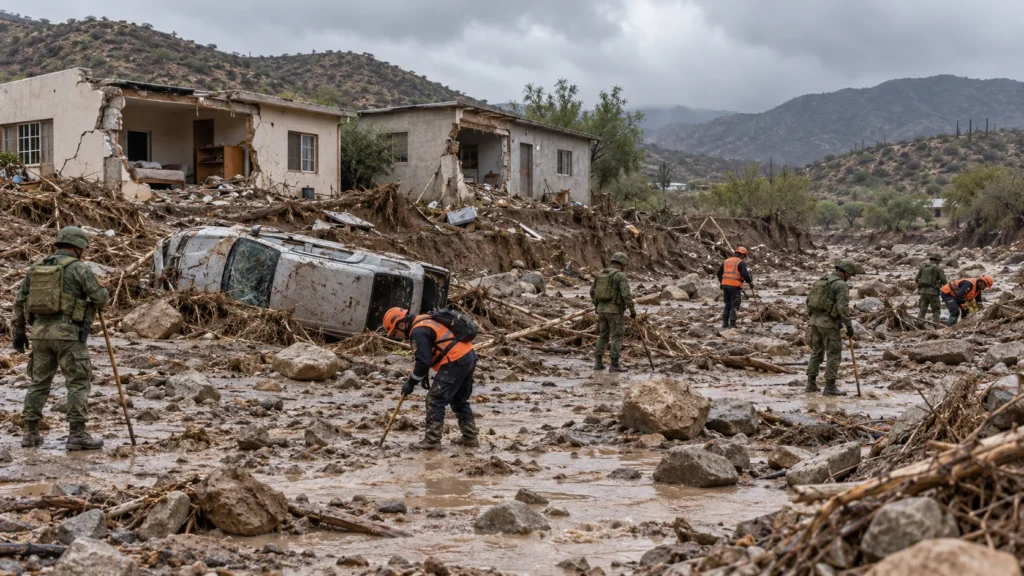 AI-generated editorial illustration of soldiers and rescue workers searching a mud-filled, flood-damaged stream bed beside wrecked houses and an overturned car on the edge of a dry hillside town in Baja California, Mexico, after storm flooding; not an incident photograph.