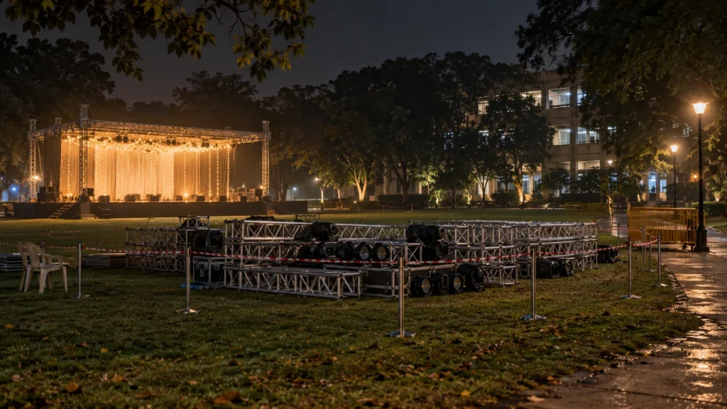 AI-generated editorial illustration of an empty college lawn at night after an event, with a lit decorative stage and a dismantled lighting truss stacked behind a rope cordon; not an incident photograph.