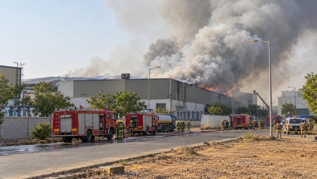 AI-generated editorial illustration of a large food factory and warehouse in an Indian industrial area with fire tenders and water tankers on the access road and a column of grey smoke rising; not an incident photograph.