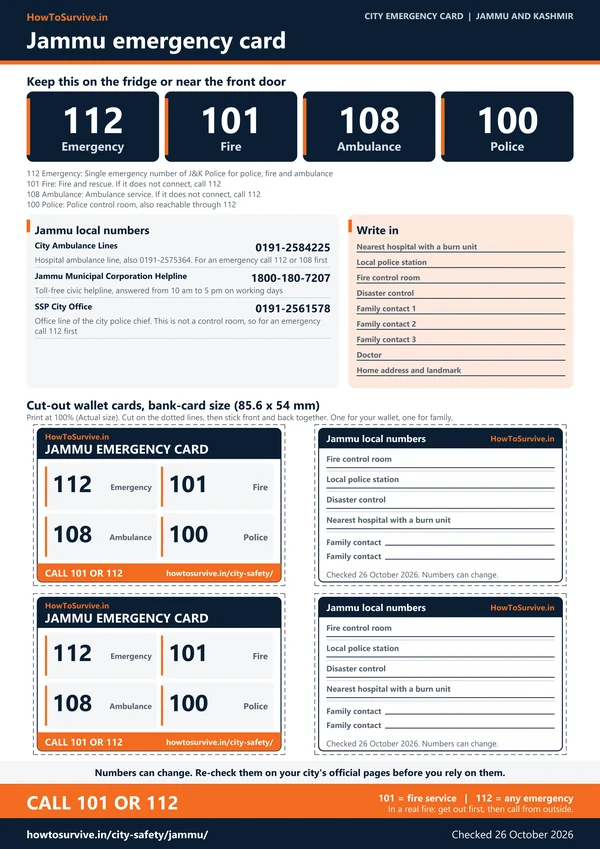 Printable Jammu emergency card: A4 sheet with national and local emergency numbers and cut-out wallet cards