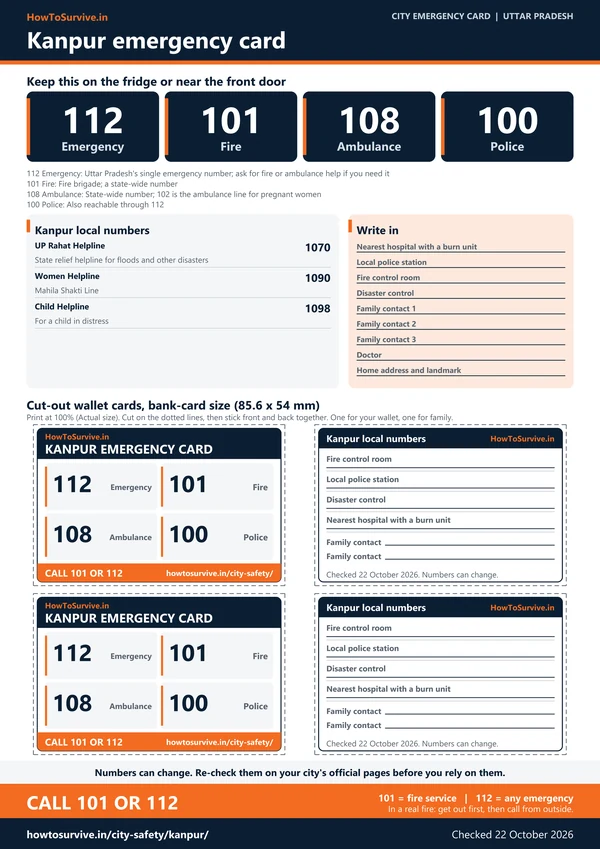 Printable Kanpur emergency card: A4 sheet with national and local emergency numbers and cut-out wallet cards