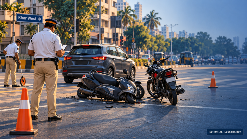 AI-generated editorial illustration of police documenting a generic Mumbai road collision; not a photograph or reconstruction of the Khar West crash