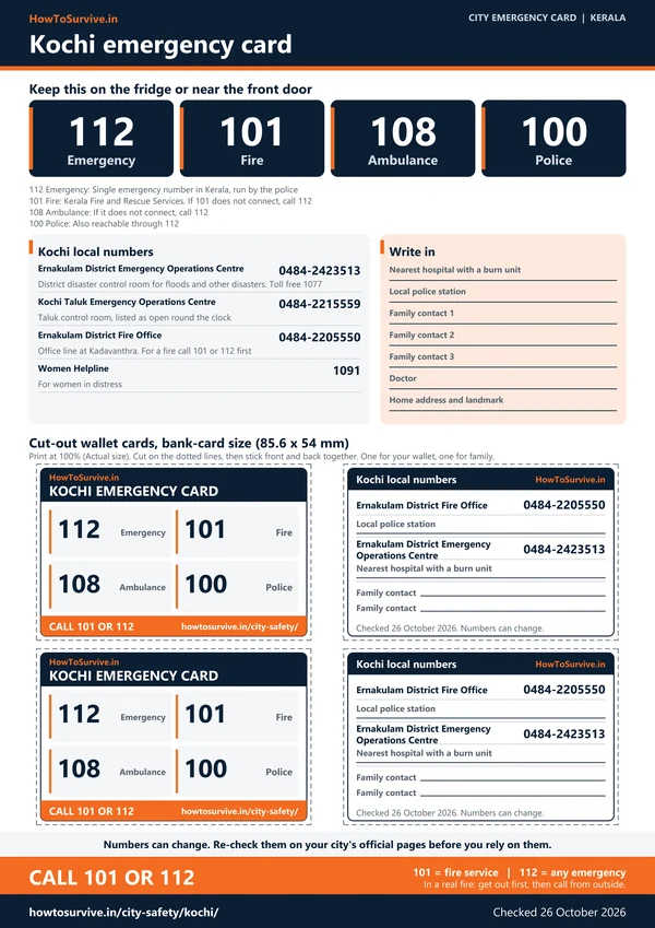 Printable Kochi emergency card: A4 sheet with national and local emergency numbers and cut-out wallet cards