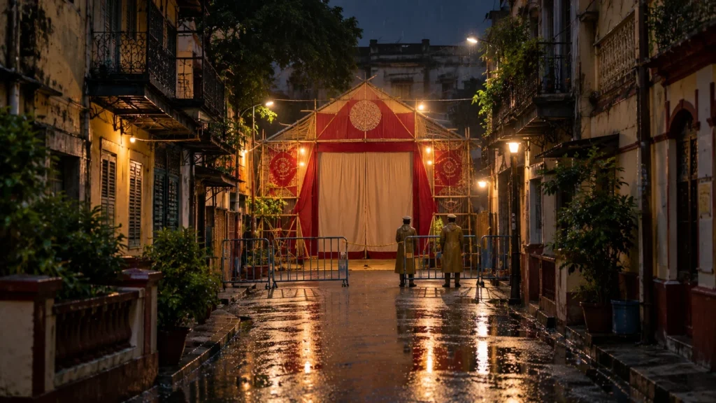 AI-generated editorial illustration of a rain-soaked lane in north Kolkata at night outside a closed Durga Puja pandal, with police barricades and a rope cordon and the street empty of visitors; not an incident photograph.