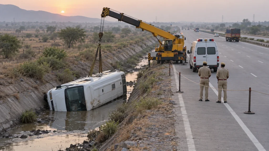 AI-generated editorial illustration of a white mini-bus lying on its side in a muddy, water-filled drain beside a six-lane Rajasthan expressway, with a recovery crane, an ambulance and police at a cordon in early morning haze; not an incident photograph.
