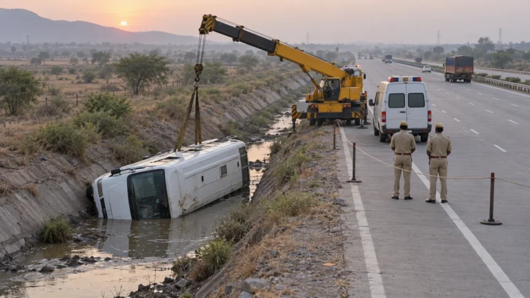 Kota Expressway Accident: Eight Pilgrims Killed as Mini-Bus Falls Into Drain Near Simliya; Cause Under Investigation