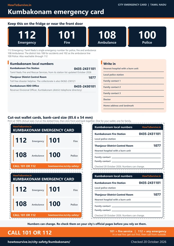 Printable Kumbakonam emergency card: A4 sheet with national and local emergency numbers and cut-out wallet cards
