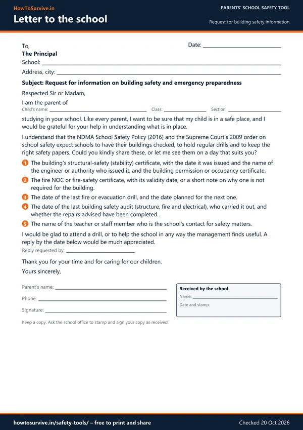 Preview of the one-page letter to the school, with fill-in lines and a box for the school to mark as received
