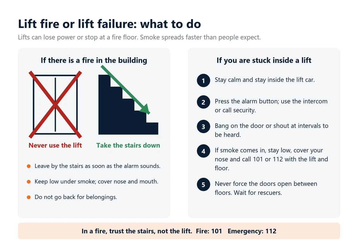 Infographic: in a building fire never use the lift and take the stairs down; if stuck in a lift, stay calm inside, press the alarm, shout at intervals, stay low if smoke comes in and call 101 or 112, and never force the doors between floors.
