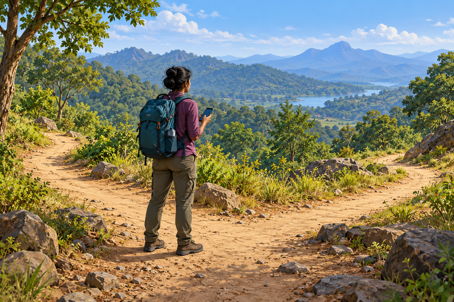 Editorial illustration of a hiker pausing at a trail junction; not a real rescue.