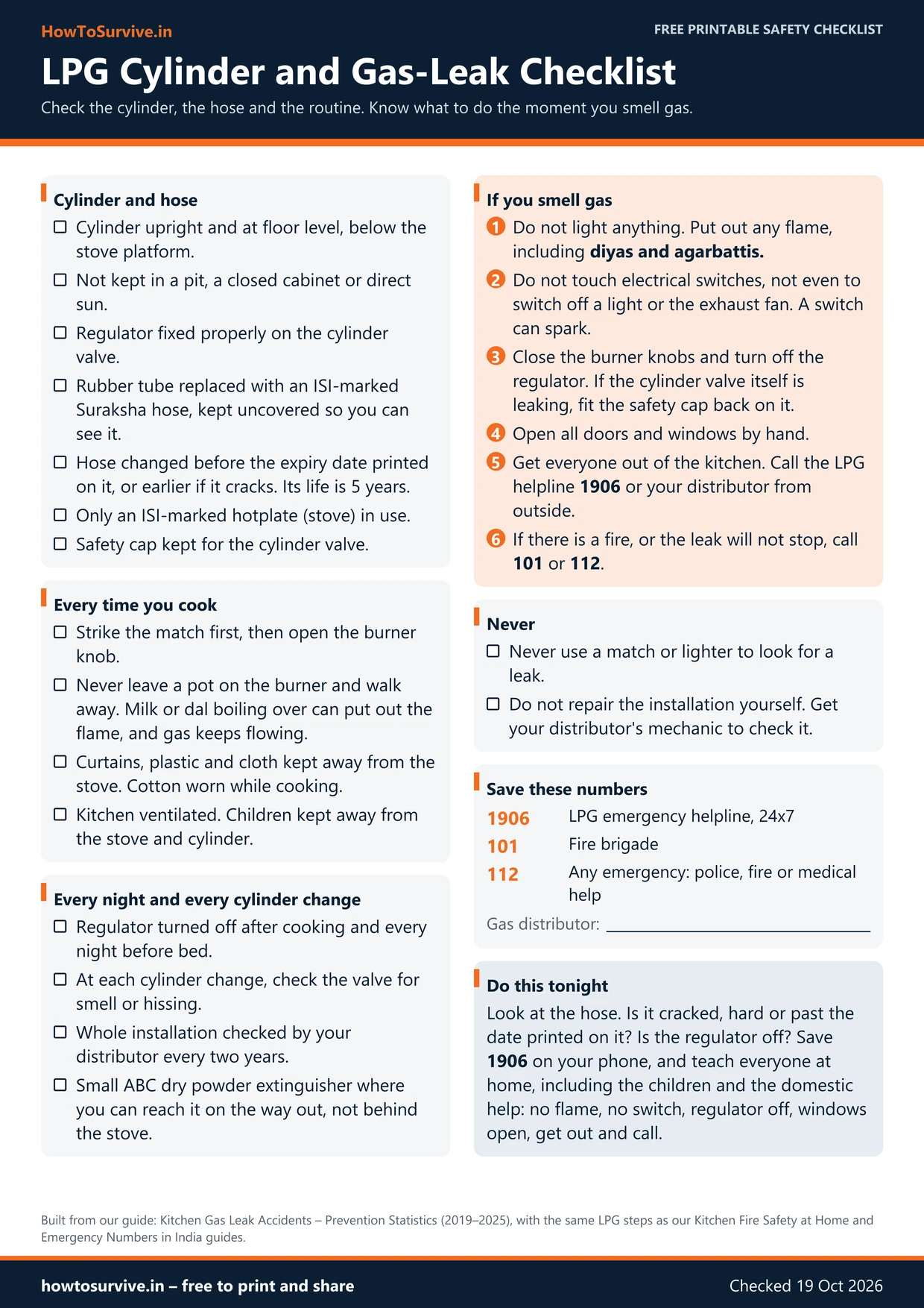 Preview of the LPG cylinder and gas-leak checklist, an A4 sheet with tick-boxes for the cylinder, hose and cooking routine and six numbered steps for what to do if you smell gas.