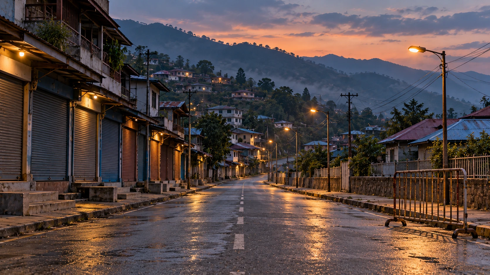 AI-generated editorial illustration of an empty hill-town street at dusk, with a row of closed shop shutters and a lone police barrier; no people; not an incident photograph.