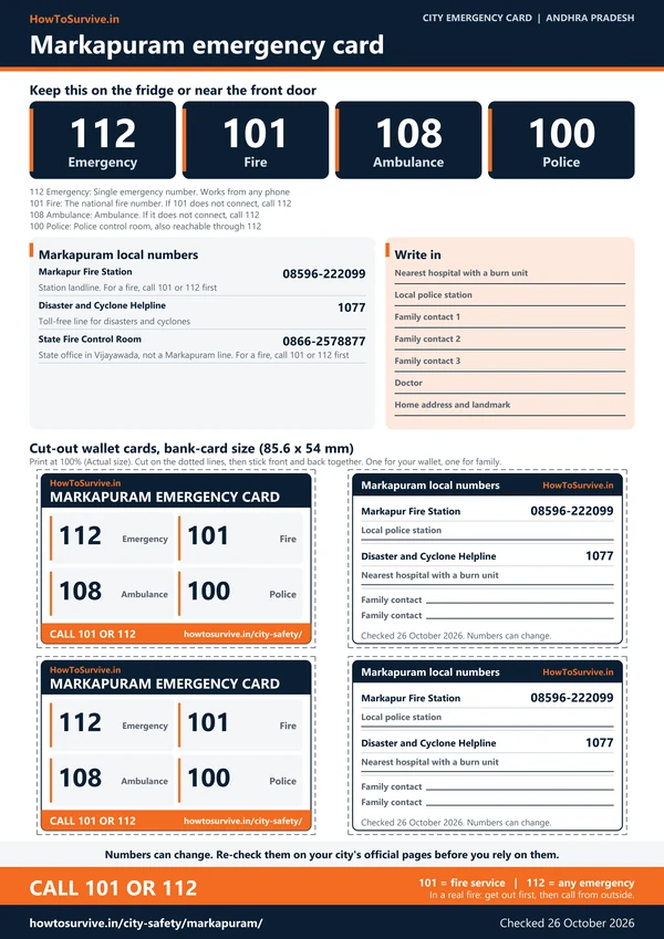 Printable Markapuram emergency card: A4 sheet with national and local emergency numbers and cut-out wallet cards