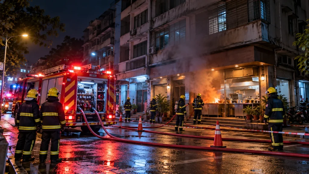 AI-generated editorial illustration of firefighters responding outside a generic restaurant kitchen fire at night; not a photograph of the Maujpur incident.