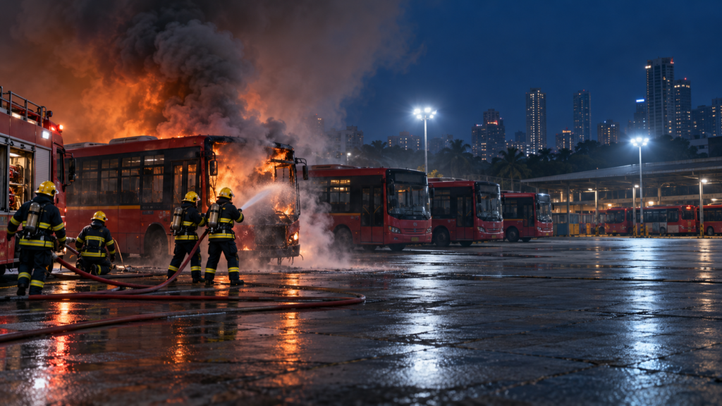Editorial illustration of firefighters responding to a bus-depot fire at night; not a photograph of the Anik incident.