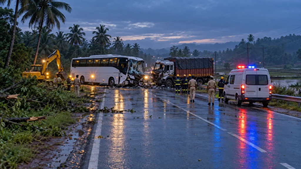 AI-generated editorial illustration of a damaged sleeper bus and a goods lorry on a wet two-lane highway in rural Karnataka before dawn, with police, firefighters and an excavator at the scene; not an incident photograph.
