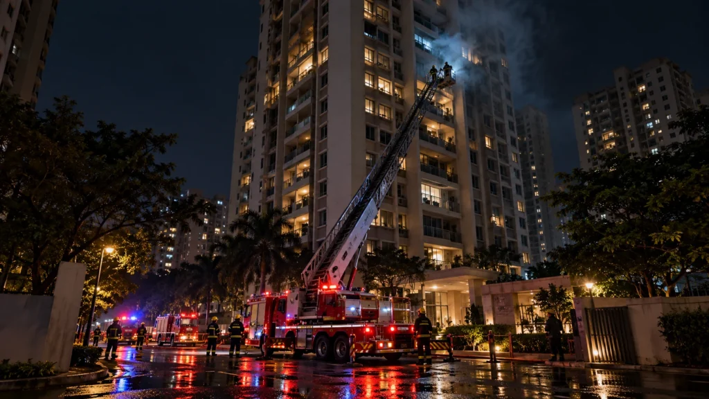 AI-generated editorial illustration showing firefighters responding to a high-rise fire at night.