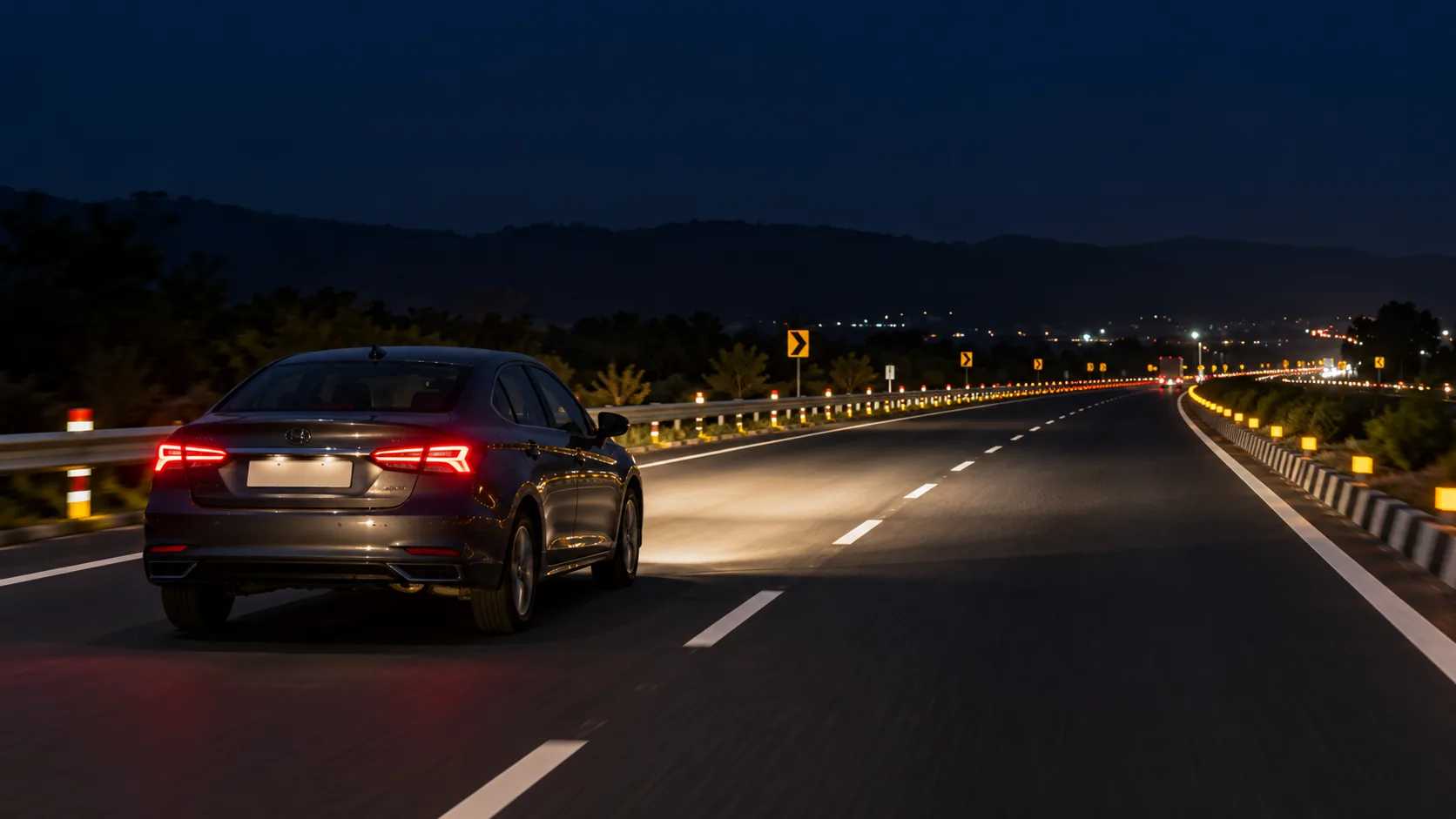 Editorial illustration of a car travelling cautiously on a marked road at night; not a photograph of a real incident.