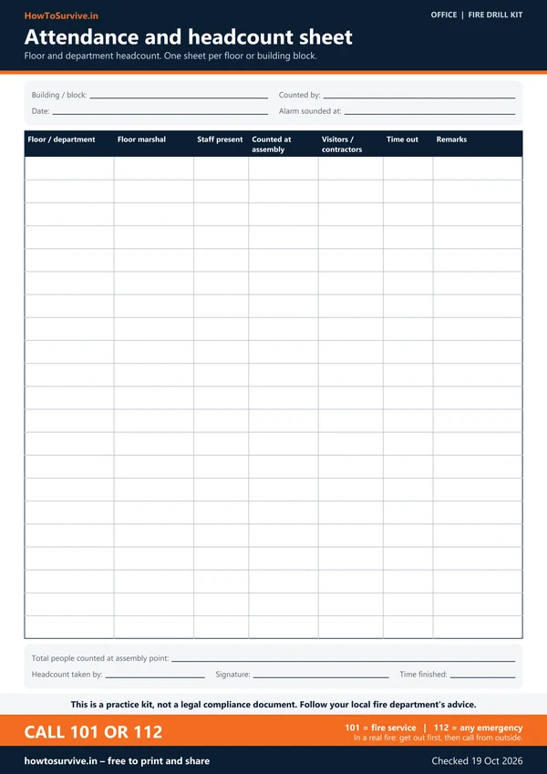 Office fire drill kit: Attendance and headcount sheet