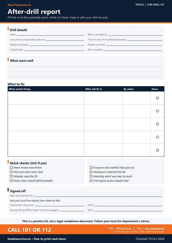 Office fire drill kit: After-drill report