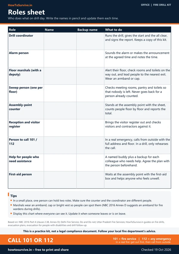 Office fire drill kit: Roles sheet