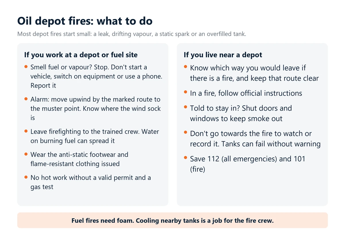 Infographic: what to do about oil depot fires if you work at a fuel site, such as stopping at a fuel smell and moving upwind to the muster point, and if you live nearby, such as knowing your way out and never going towards the fire to watch.