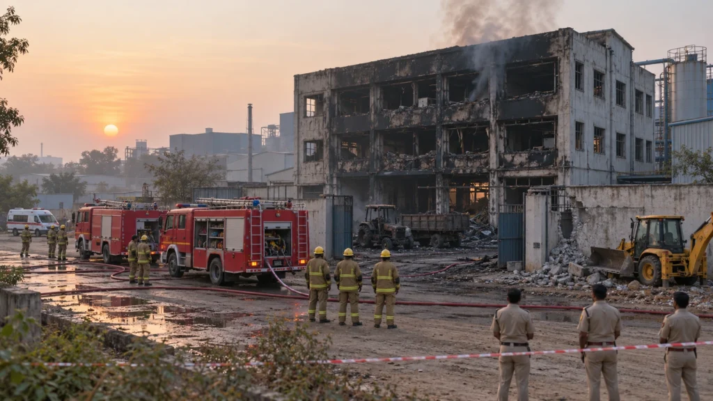 AI-generated editorial illustration of a multi-storey industrial building in Pali, Rajasthan, burnt and smoke-stained after a night fire, with fire tenders, a JCB at a breached wall and a police cordon at dawn; not an incident photograph.