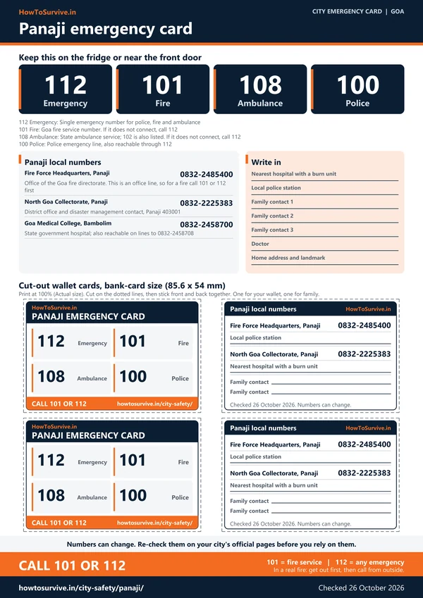 Printable Panaji emergency card: A4 sheet with national and local emergency numbers and cut-out wallet cards