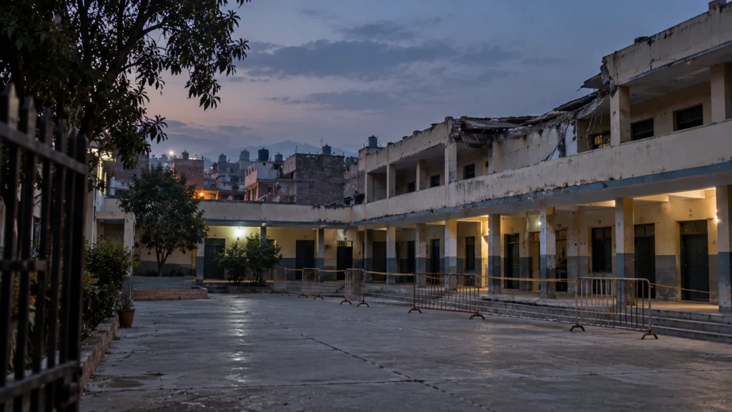AI-generated editorial illustration of an empty school courtyard at dusk in a dense Pakistani city, with one wing closed off by temporary barriers and a quiet lane beyond; not an incident photograph.