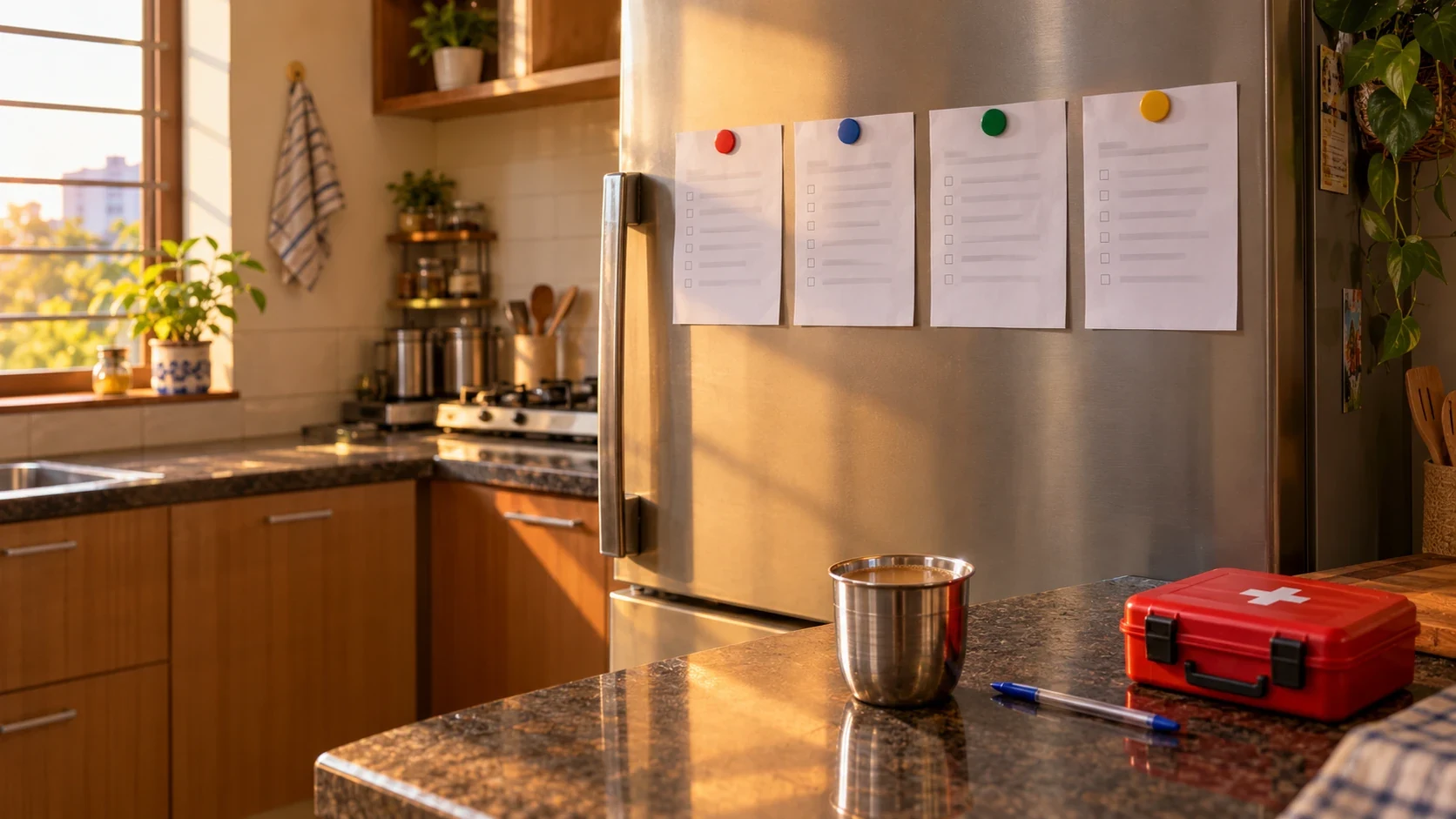 AI-generated editorial illustration of four printed paper checklists held on a fridge door with magnets in an Indian kitchen, with a pen and a cup of chai on the counter; not an incident photograph.