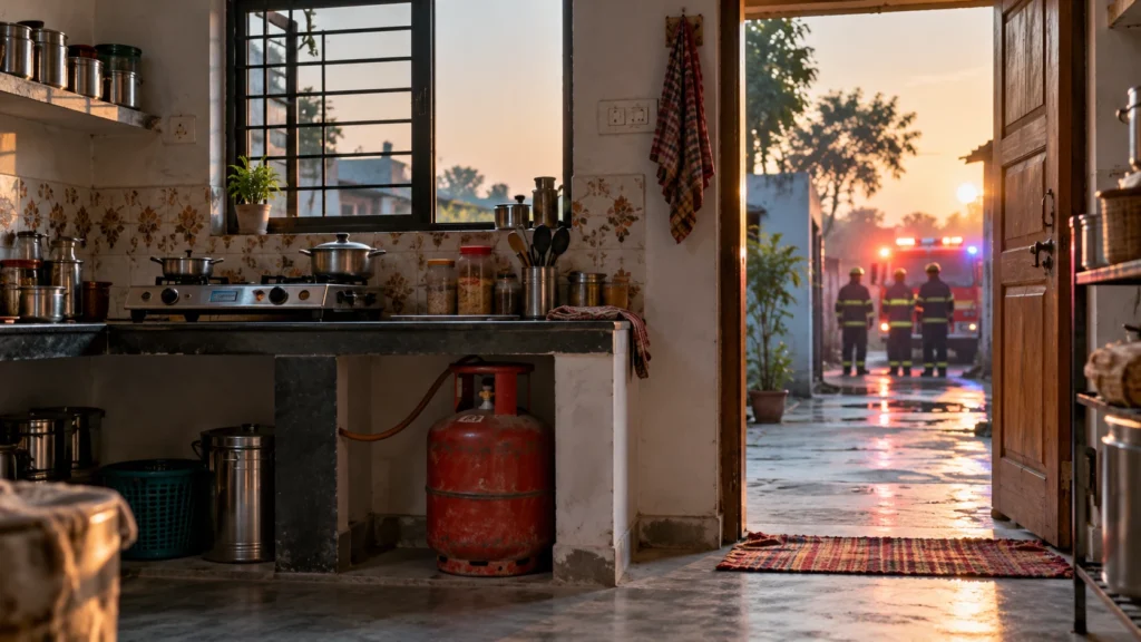 AI-generated editorial illustration of an Indian home kitchen and emergency responders outside; not a photograph of the Puranpur/Pilibhit incident.