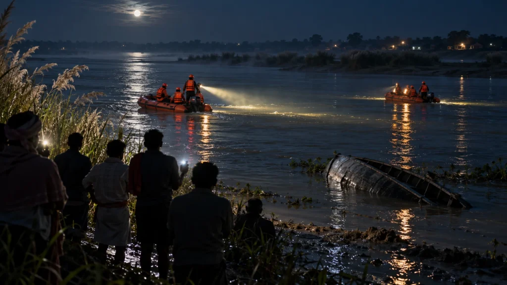 AI-generated editorial illustration of a night-time river search with rescue boats and torchlight on a Ganga channel; not a photograph of the Raghopur (Vaishali) incident.