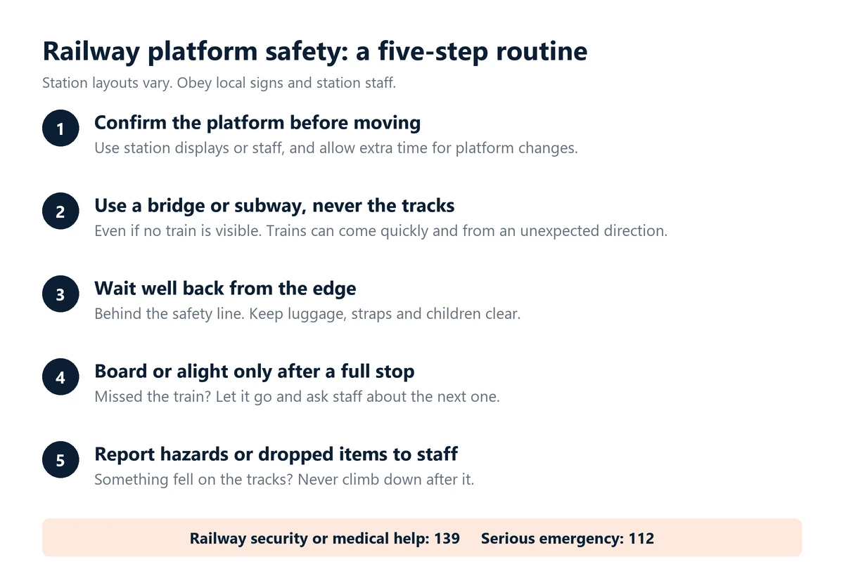 Infographic: five-step railway platform routine. Confirm the platform, use a bridge or subway and never the tracks, wait well back from the edge, board or alight only after a full stop, and report hazards to staff. Railway help 139, serious emergency 112.
