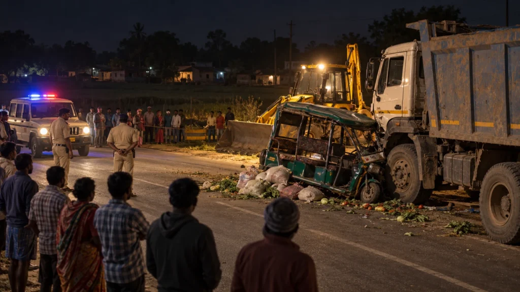 AI-generated editorial illustration of a damaged battery e-rickshaw beside a parked heavy truck on a two-lane rural road in Jharkhand at night, with police lights and a small crowd kept back; not an incident photograph.