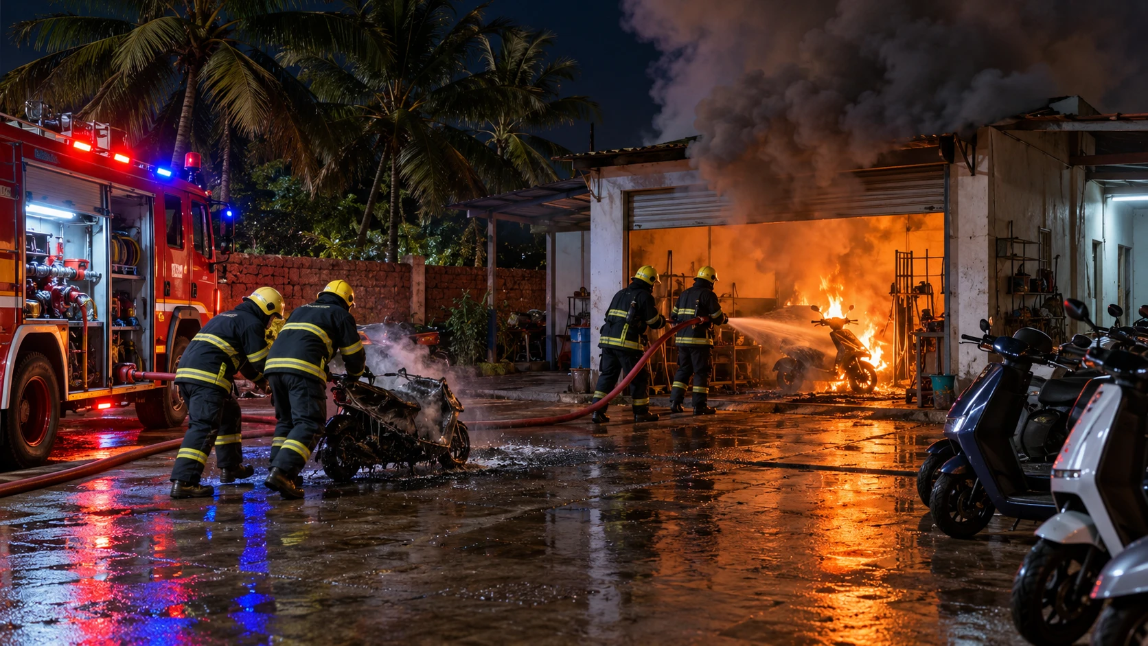 AI-generated editorial illustration of firefighters responding to a night-time fire in an electric two-wheeler service bay; not a photograph of the Sankhali incident.