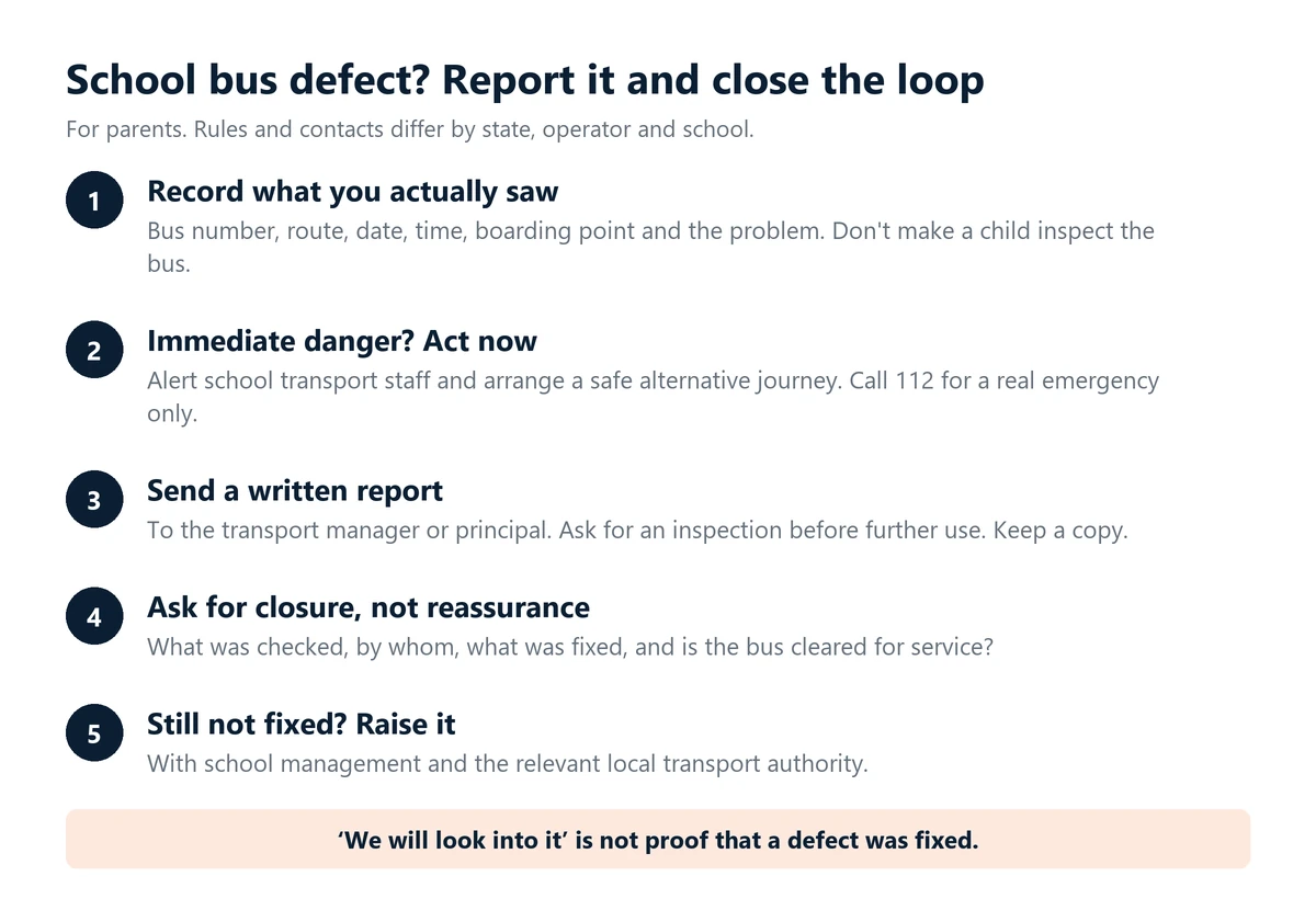 Infographic: five steps for parents when a school bus has a safety defect. Record what you saw, act at once if there is immediate danger, send a written report to the transport manager or principal, ask what was checked and fixed, and escalate if it persists.