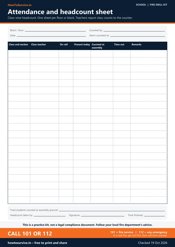 School fire drill kit: Attendance and headcount sheet